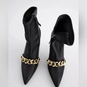 Zara- Black Leather Ankle Boots with Gold Chain